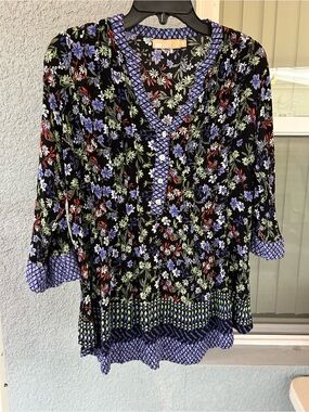 La Cera Women’s Floral Boho Mixed Print Top Size M 3/4 Sleeve V Neck Pleats